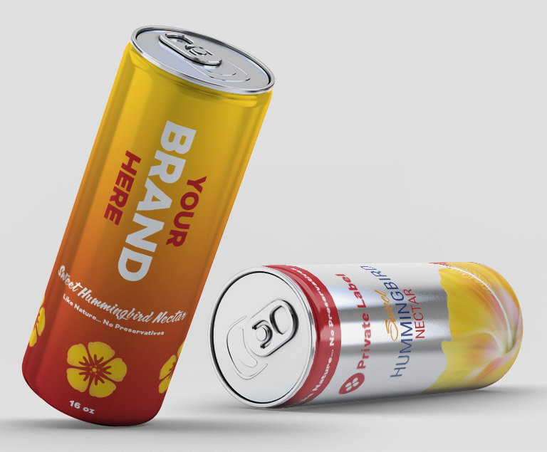 Two examples of private labeled cans. They are red and yellow and say "Your Brand Here"