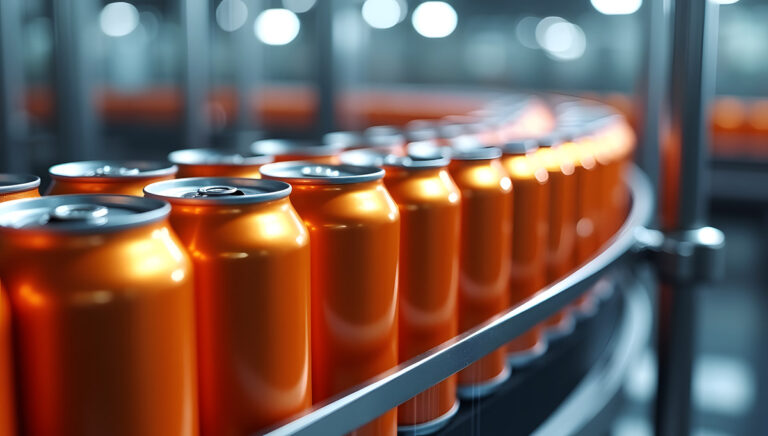 Orange cans on a production line.